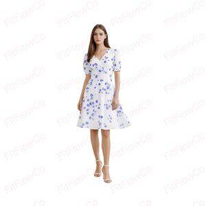 Calvin Klein White Blue Floral Fit Flare Dress Size 2 Puff Sleeve V Neck Empire